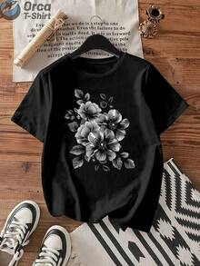 Camiseta de mujer con estampado floral creativo, adecuada para usar en primavera y verano, diseño de manga corta, cómoda y elegante, con cuello redondo y corte holgado. - Negro - Ver 8