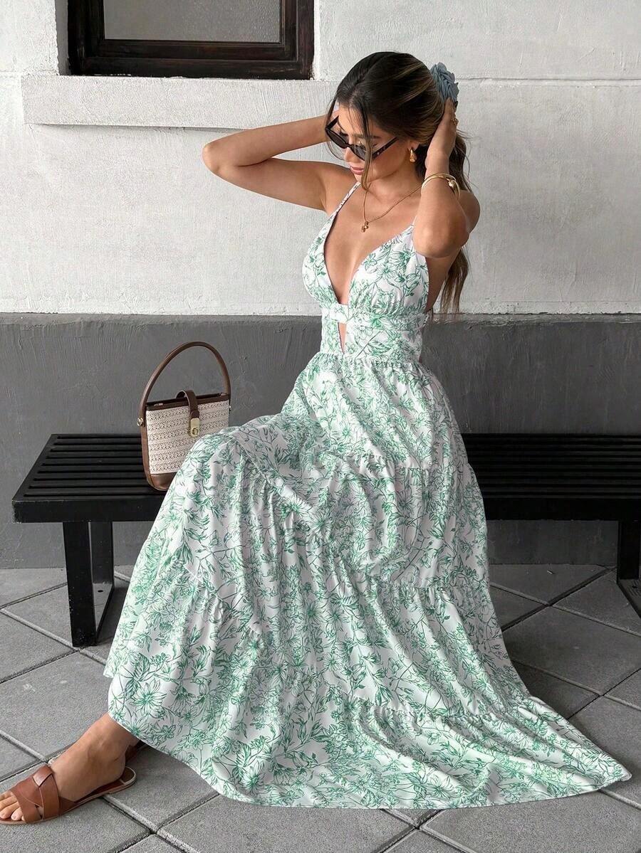 Vestido con dobladillo suelto de parches y corbata al cuello, estilo sencillo y casual para vacaciones para mujeres - Multicolor 2 - Ver 1