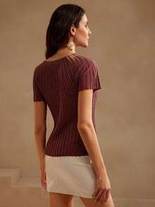 Blusa de punto semitransparente con decoración de strass y mangas cortas elegante para mujer - Marrón Chocolate - Ver 4