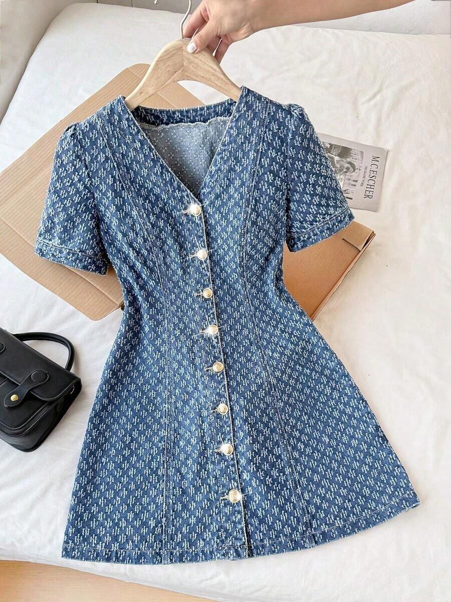 Vestido vaquero de mujer de moda casual con cuello en V y abotonadura sencilla - Lavado ligero 2 - Ver 1