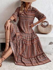 Vestido largo con escote de muesca estampado, atuendo de vacaciones y playa para mujeres - Marrón - Ver 3