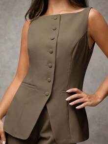 Traje de pantalón sin mangas negro para mujer con detalles de botones dorados con rosas, casual de negocios para otoño/invierno - Marrón 2 - Ver 2