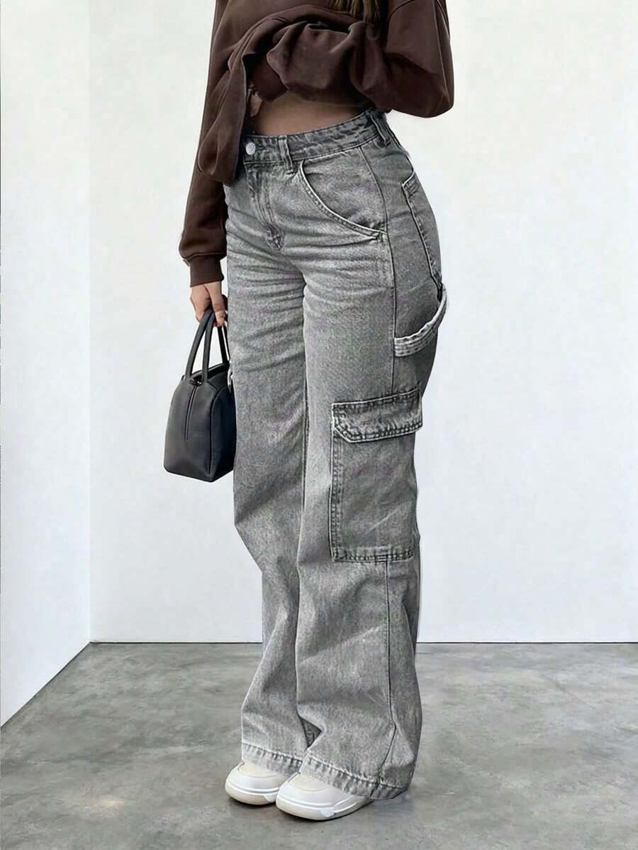 NVFelix 2026 Nuevos jeans de tiro alto, rectos y holgados para mujeres, elegante estilo casual Y2K streetwear, adecuado para primavera/verano - Gris - Ver 1