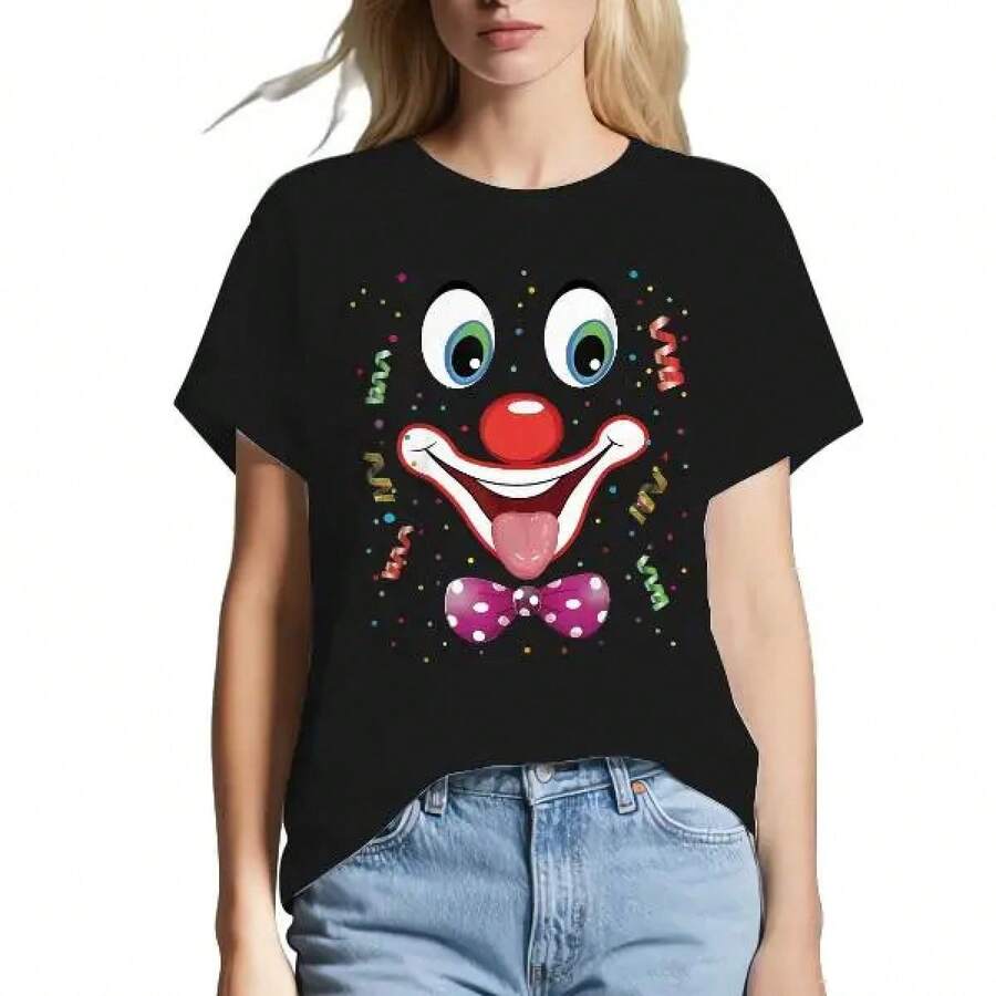 Camiseta de Mujer con Estampado de Cara de Payaso de Carnaval - Manga Corta y Cuello Redondo, Tejido de Elasticidad Media Ideal para Verano, Primavera y Fiestas de Carnaval - Ropa Casual, Lavable a Máquina, No Es Disfraz de Payaso Patrón de cara y mano de payaso - Blanco - Ver 1