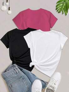 3 PIEZAS Camisetas casuales de manga corta para mujer con estampado de lema y letras - Multicolor 3 - Ver 2