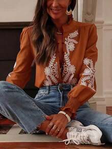 Camisa casual de vacaciones con bordado floral estampado y aplicación bordada acanalada blanca de primavera - Óxido marrón - Ver 4