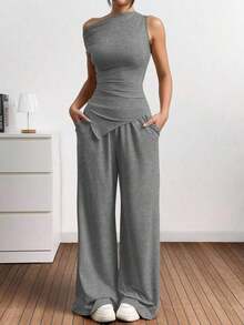 Set de 2 piezas de top sin mangas ajustado de unicolor con hombro asimétrico y pantalones largos, verano marrón - Gris Oscuro - Ver 1