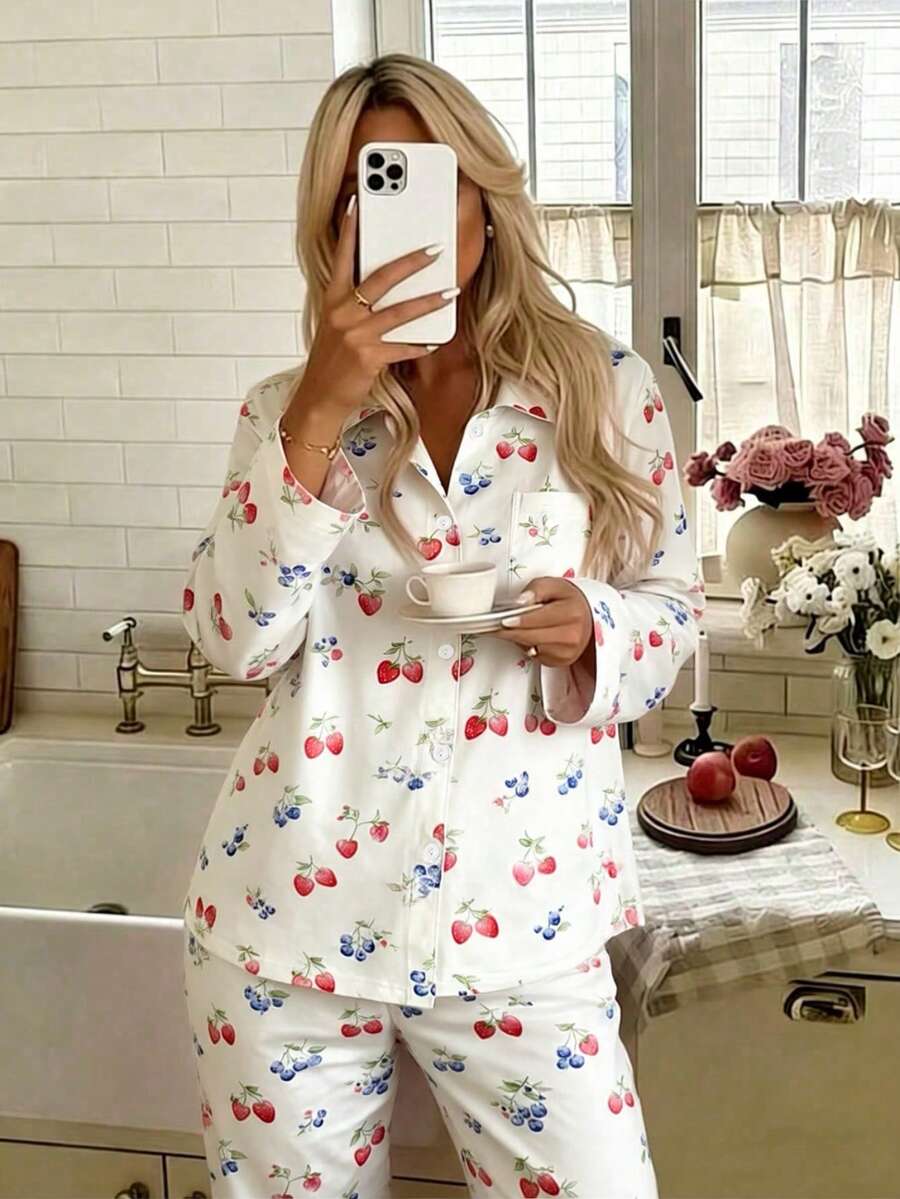 Nina Bonheur 2 Peças Conjunto de Pijama Feminino com Top de Manga Longa com Lapela + Calça com Cintura Elástica