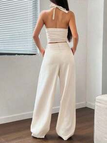 Conjunto de 2 piezas de chaleco y pantalones de unicolor de streetwear para mujer, para verano - Albaricoque - Ver 2