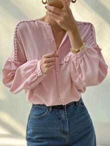 Nueva camisa elegante y con estilo de unicolor con volantes plisados y botones delanteros, diseño elegante para vacaciones, uso diario, té, todas las estaciones, primavera rosa - Rosa - Ver 2