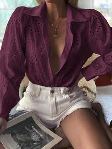Blusa blanca de mujer, blusa blanca de manga larga con empuñadura de unicolor bordada, adecuada para uso diario, viajes, Día de la Madre, cumpleaños y fiestas en la playa - Rojo violeta - Ver 2