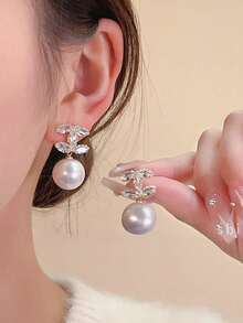 1 Đôi bông tai hình chữ C bắt chéo đính đá Zirconia và ngọc trai, kiểu dáng thời trang, thanh lịch dành cho nữ. - Nhiều màu - Xem 2