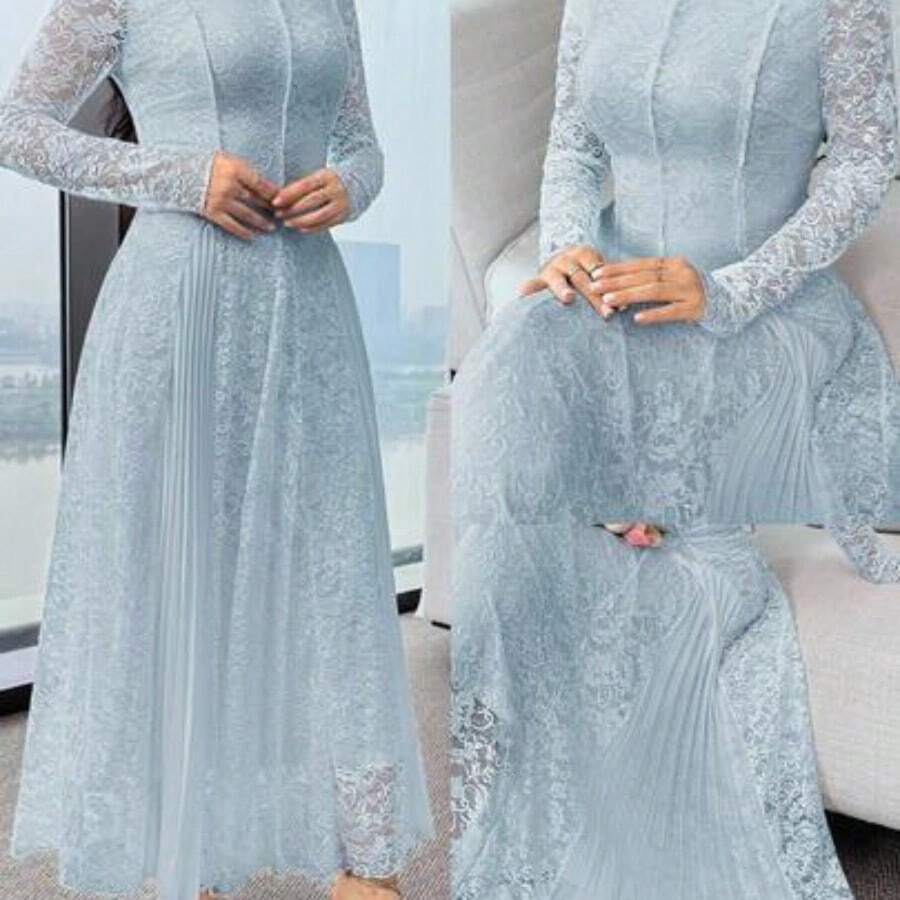 Women's Elegant Contrast Lace Pleated Waist Long Sleeve Dress - Azul - Ver 1