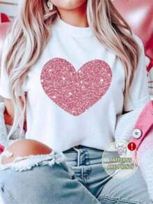 Camiseta básica de manga corta para mujer Otoño/Invierno 2025: cuello redondo, corte holgado, estampado de corazones de moda, tejido suave con caída impecable y ultra combinable - Blanco 1 - Ver 10