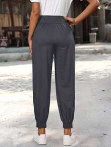 Pantalones casuales de mujer de cintura alta, plisados, con bolsillos y cordón - Gris - Ver 2