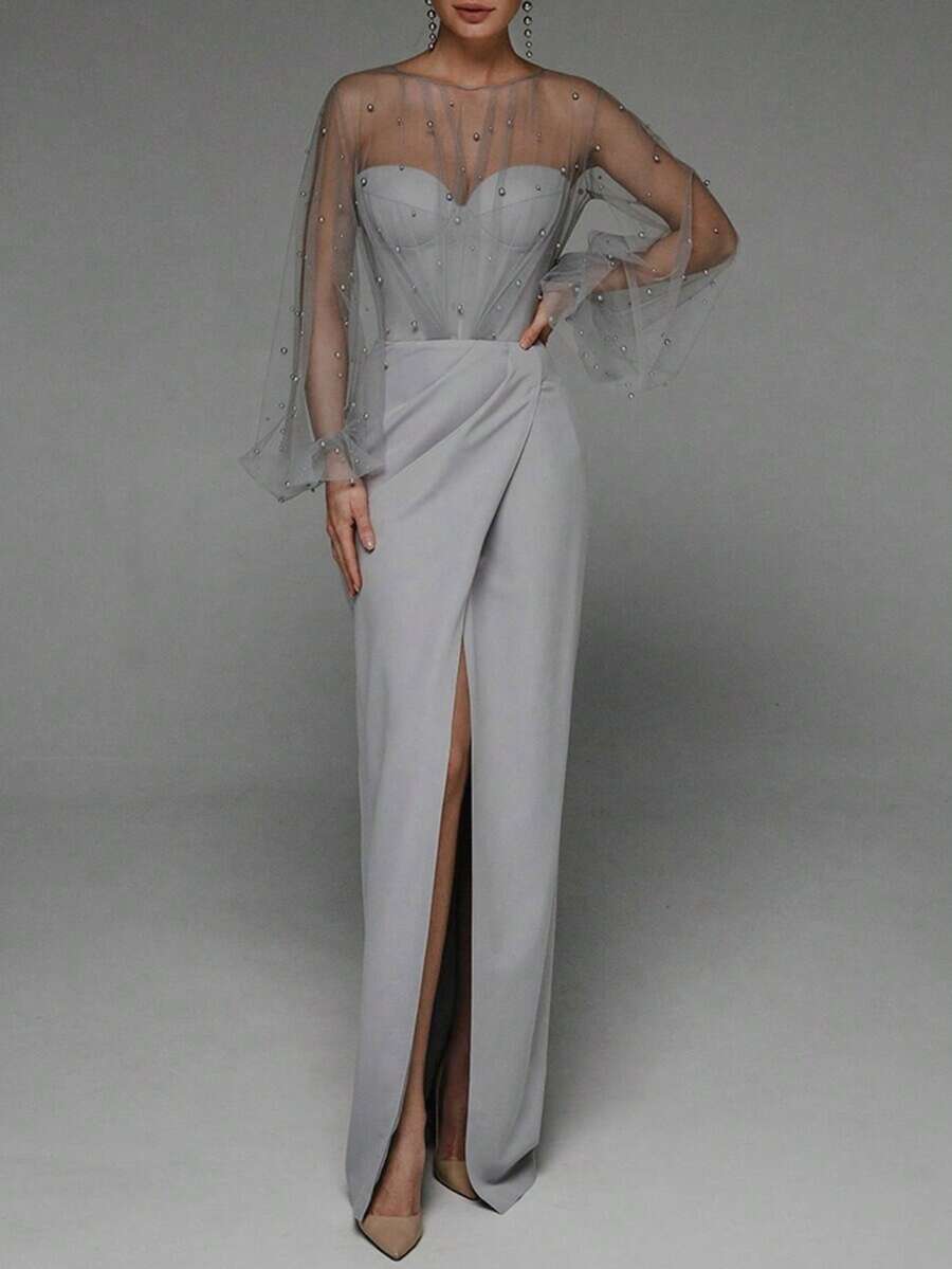 Vestido ajustado con perlas escote bandeau estilo sensual - Gris - Ver 1