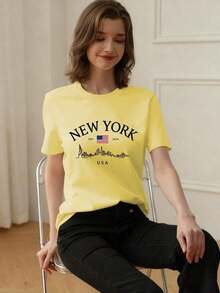 Camiseta de mujer de verano de ajuste holgado con cuello redondo y manga corta, con estampado de eslogan simple, estilo casual de vacaciones. Blusa de moda apta para uso diario y de vacaciones. - Amarillo - Ver 2