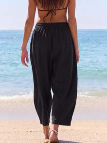 RRIVE Linen Blend Wide Leg Barrel Pants With Pockets High Waisted Drawstring Casual Relaxed Fit Flowy Trousers Summer Vocation Outfits Workout Bottoms - Ink Black - View 5