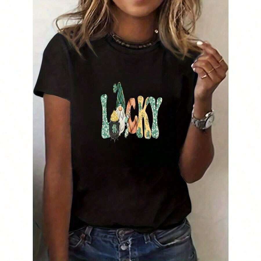 Camisetas estampadas de moda para mujer, tops de estilo urbano de gran tamaño, camisetas de verano cómodas y elegantes que combinan con todo. Camiseta de manga corta con cuello redondo para mujer, a la moda para primavera y verano, estilo urbano para las cuatro estaciones, estampado ligero, ropa literaria para mujer, ropa de trabajo, ropa para fiestas y vacaciones, camiseta popular con estampado de animales y letras, linda y negra. - Negro - Ver 1