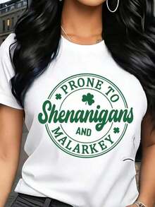 Printed T-Shirts For Women, Plus-Size Urban Style Tops, Comfortable And Stylish Summer Tees That Go With Everything. Women's T-Shirt With St. Patrick's Day Print And Text, Crew Neck, Short Sleeves, Casual Style For Parties And Festivals. - 白色 - 查看 5