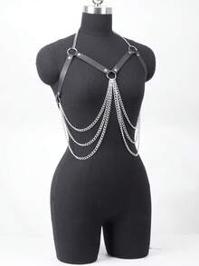 Silver Scale Armor Bra Top With Black Harness And Chain Detail For Cosplay And Festivals - 黑色 - 查看 9