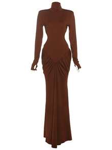 Vestido largo liso cuello alto verano 2025, ajustado elegante con espalda descubierta estilo moda - Marrón - Ver 10