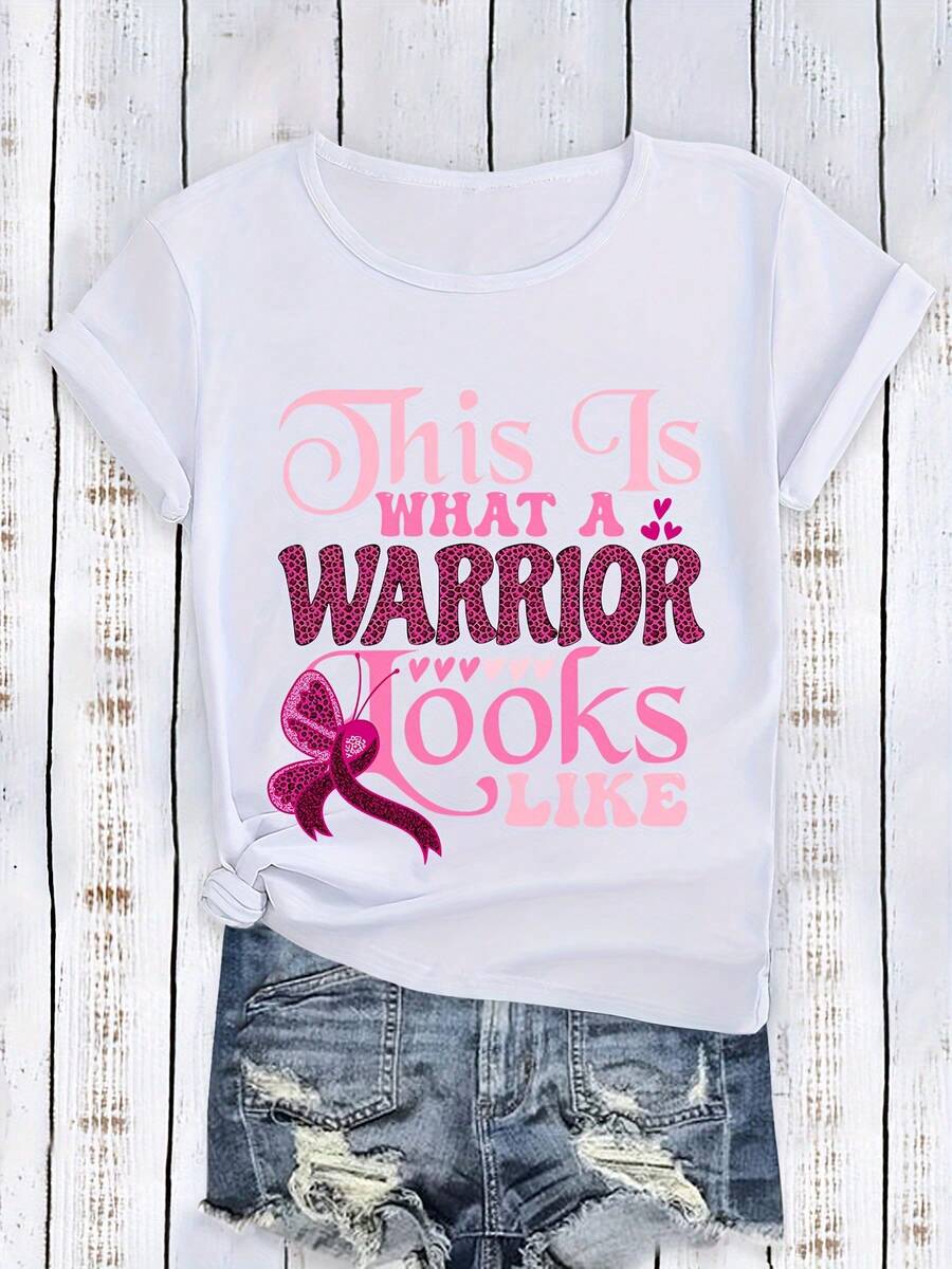 Camiseta de Verano Casual Holgada con Estampado de Cinta de Letras Rosa Warrior - Blanco - Ver 1