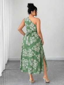 Vestido elegante de mujer de talla grande con estampado floral azul y blanco, elegante y chic para fiestas, graduaciones, vacaciones, festivales, citas, bodas y salidas - Verde Oliva - Ver 2