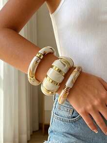 3pcs/Set Vintage Elegant Bohemian Summer Holiday Geometric Beige & Gold Acrylic Patchwork Elastic Bracelet Set, Asymmetrical Curved Tube Bamboo Resin Tie Dye Bracelet Suit, Luxury Exquisite Unique Multi-Piece Stackable Y2K Chic Jewelry Accessories Suitable For Women Summer Beach Party Date Birthday, Gift For Her (Resin Floral Pattern Random) - Multicolor - View 5