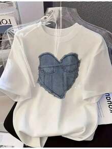 Mujer casual camiseta oversize detalle corazón denim patch raw hem cuello redondo manga corta primavera verano uso diario T-shirt - Blanco - Ver 1