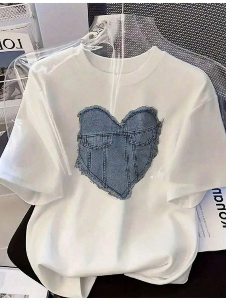 Mujer casual camiseta oversize detalle corazón denim patch raw hem cuello redondo manga corta primavera verano uso diario T-shirt - Blanco - Ver 1