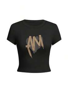 Playera cuello redondo manga corta para mujer, modelo nuevo de verano con estampado de letras, corte ajustado y largo corto, estilo juvenil muy bonito para looks casuales, salidas y uso diario YQSK - Negro - Ver 3