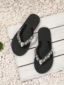 Evertop Surf New Arrival Spring/Summer Sparkling Rhinestone Sandals, Flat Thong Slippers, Fashionable Jeweled Outdoor Slip-On Beach Flip Flops For Women - Black - View 2