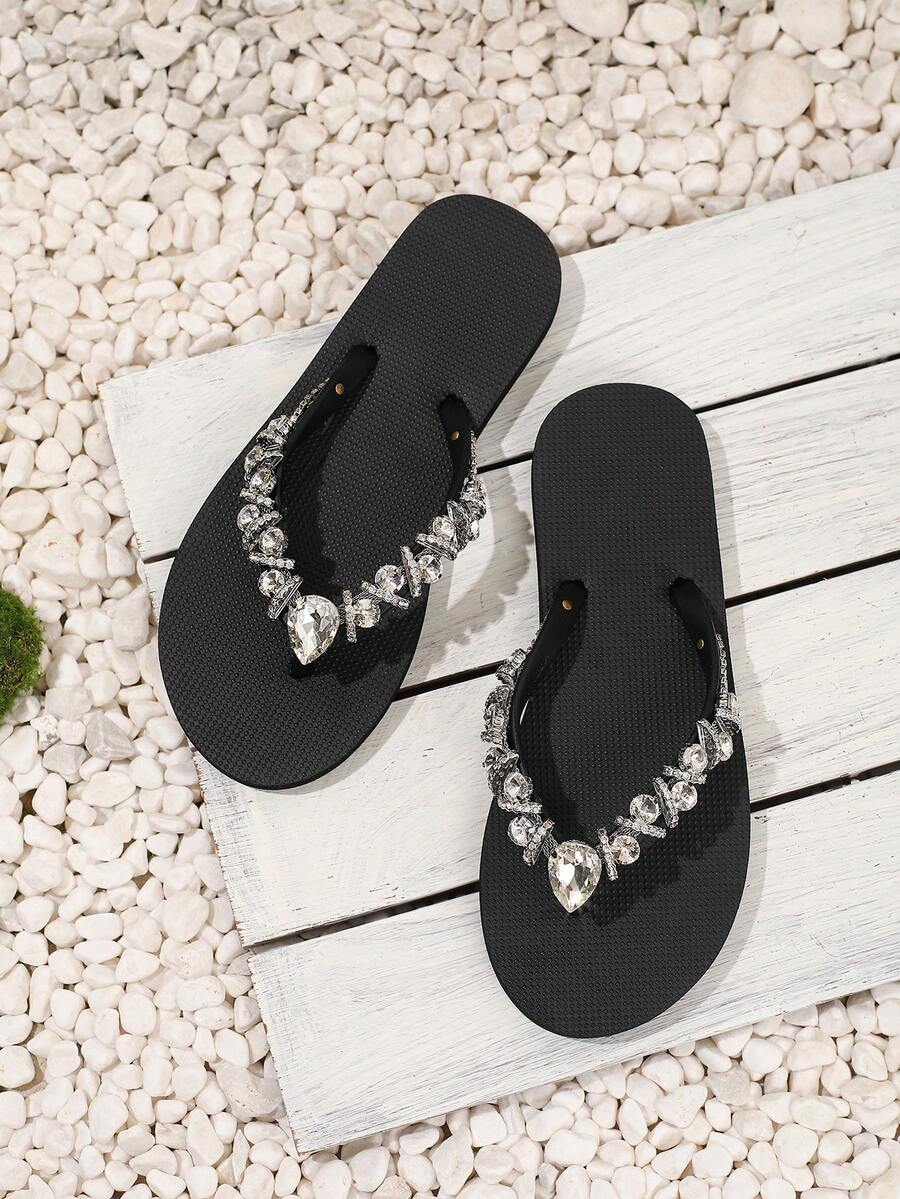 Evertop Surf New Arrival Spring/Summer Sparkling Rhinestone Sandals, Flat Thong Slippers, Fashionable Jeweled Outdoor Slip-On Beach Flip Flops For Women