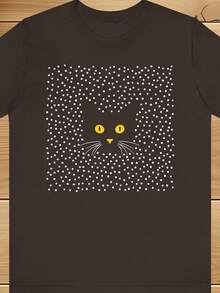 Unisex T-Shirt Made Of Pure Cotton, Cat Face Polka Dot Unisex Tee, Black Cat Lover Shirt Yellow Eyes Kitty Graphic Tee, Feline Enthusiast Gift Animal Print T-Shirt, Summer T-Shirt, Summer Clothes Women, Men's Summer Outfit, Shirt Women, Creative Design, Outdoor Play, Cool Style, Fun Design, Pretty Style, Summer Outfit, Creative Design, Outdoor Play, Cool Style, Fun Design, Pretty Style, Summer Clothes - Black - View 1