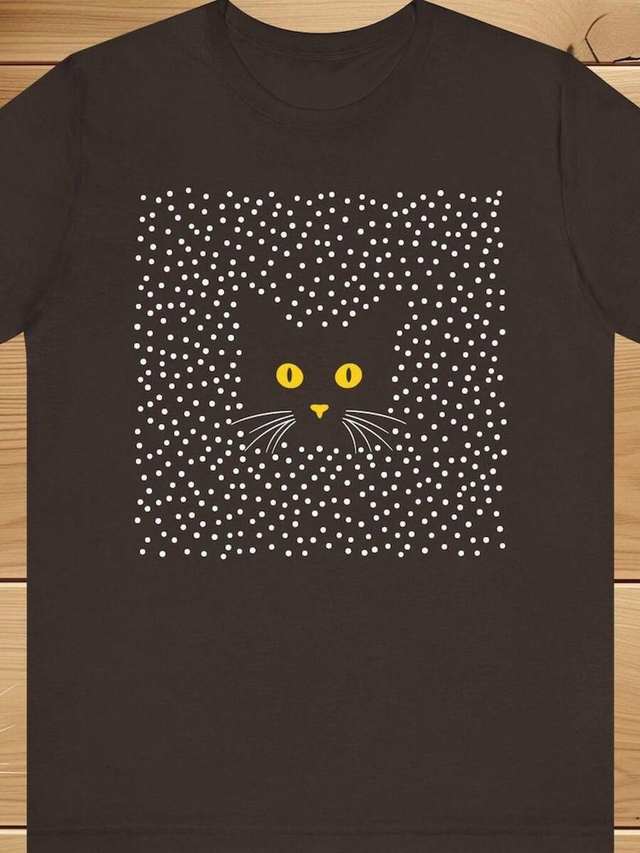 Unisex T-Shirt Made Of Pure Cotton, Cat Face Polka Dot Unisex Tee, Black Cat Lover Shirt Yellow Eyes Kitty Graphic Tee, Feline Enthusiast Gift Animal Print T-Shirt, Summer T-Shirt, Summer Clothes Women, Men's Summer Outfit, Shirt Women, Creative Design, Outdoor Play, Cool Style, Fun Design, Pretty Style, Summer Outfit, Creative Design, Outdoor Play, Cool Style, Fun Design, Pretty Style, Summer Clothes - Black - View 1