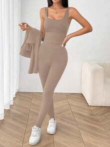Conjunto deportivo de 3 piezas para mujer: Cárdigan de punto con cremallera + Camiseta + Pantalones en color negro - Caqui - Ver 8