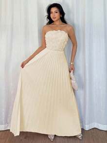 Vestido de verano de mujer con parche de flores 3D, volantes en el bajo, elegante y encantador - Albaricoque - Ver 4