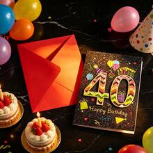 1. 生日贺卡，配红色信封，彩色三角形图案“40”主题派对气球设计，黑色闪光背景生日贺卡 - A - 查看 4