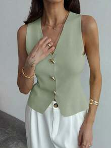 Blusa sin mangas de punto de un solo pecho con tirantes anchos, casual de verano, para otoño/invierno, verano, vacaciones, simple para ir al trabajo, con hebilla metálica única para oficina - Verde - Ver 6