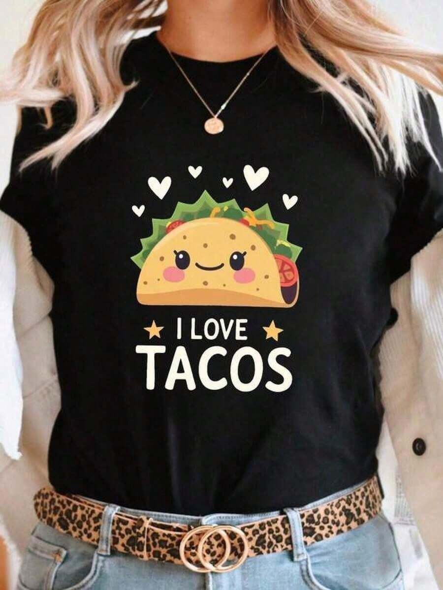 Camiseta de manga corta, cuello redondo y corte holgado para mujer, de 180 gramos, diseñada por un artista de la era Y2K, con estilo Bababask, hecha de 100% algodón puro. Tienen un estilo casual y son versátiles, adecuados para uso urbano, salidas diarias, campamentos, conciertos, eventos de hip-hop, rock y rap, y presentan diseños inspirados en celebridades. Muy adecuado para su uso durante las vacaciones, el otoño y durante todo el año. Hermosas tortillas con patrones de corazones y estrellas, me encantan las tortillas. - Negro - Ver 1