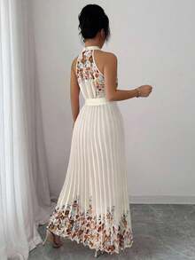 Vestido holgado de verano elegante con estampado floral y cuello halter para mujer - Albaricoque - Ver 2