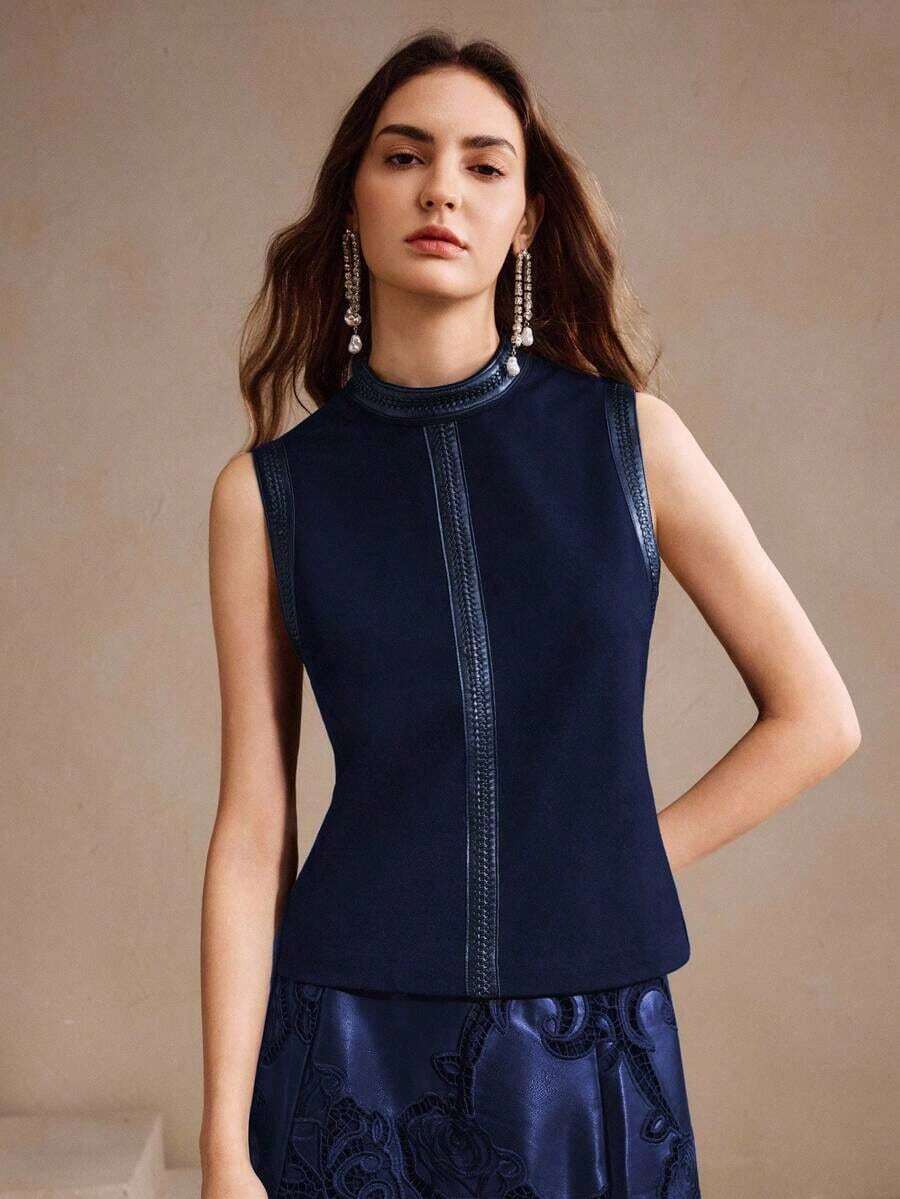 Blusa sin mangas de cuello alto elegante y casual para mujer, adecuada para otoño/invierno, Año Nuevo - Azul marino - Ver 1