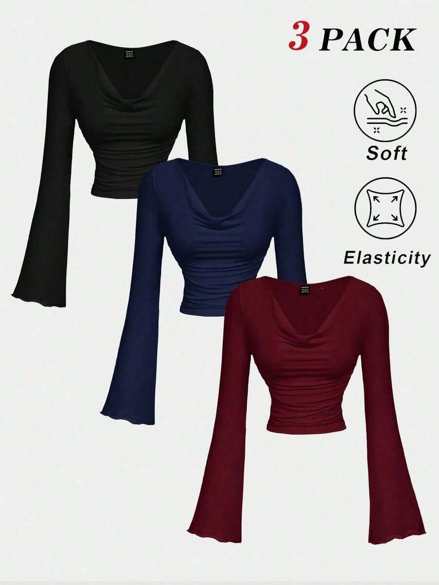 Conjunto de camiseta de manga larga ajustada con cuello de volantes, mangas acampanadas y plisadas en 3 colores - Rojo y negro - Ver 1