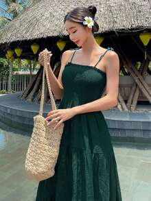 Vestido sin mangas elegante, estilo de alta gama para vacaciones, cruceros de verano, atuendos de mujer bohemios - Verde Oscuro - Ver 9