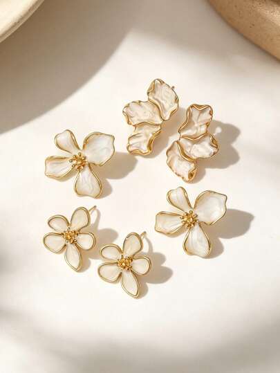 3 Pairs Flower Shaped Earrings Set, White Enamel With Gold Tone Frame In Different Petal Designs, Minimalist And Romantic Earrings, Versatile For Casual, Formal, And Date Night, Stackable, Best Jewelry Gift For Her, Fashion Accessory