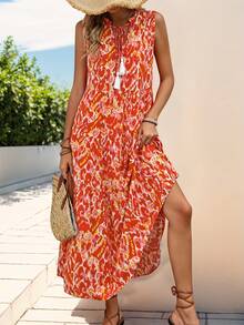 Bohemian-Style Fringe Tie-Up Printed Maxi Dress For Women's Summer And Spring Vacation - Orange-red - View 3