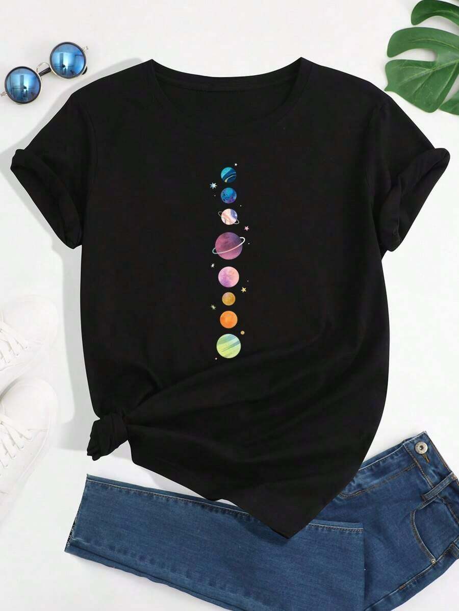 Camiseta con estampado de planetas, camisetas gráficas para mujer - Negro - Ver 1