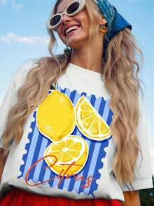 Casual Camisole With A Fresh Summer Lemon Slice Print. Women's Summer T-Shirts, Printed, Loose And Lightweight. Suitable As A Gift. Women's T-Shirt. Blouses > Elegant. Boho Chic. Soft, Breathable And Comfortable Women's Top, Ideal For Spring, Summer And Autumn, Perfect For Vacations, Travel And Everyday Wear. - 白色 2 - 查看 1