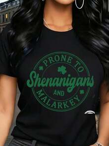 Camisetas estampadas de moda para mujer, tops de estilo urbano de talla grande, camisetas de verano cómodas y elegantes que combinan con todo. Camiseta de mujer con estampado y texto del Día de San Patricio, cuello redondo, manga corta, estilo casual para fiestas y festivales. - Negro - Ver 5